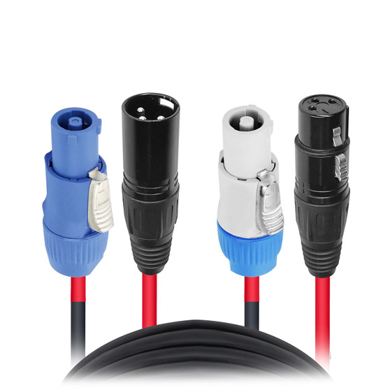ProX combo link cable ends — dual PowerCON and XLR connectors for professional audio systems