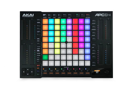Akai Professional APC64 Ableton Live Controller — 64-pad RGB grid with poly aftertouch, 8 Touch Strips, full-color display, and standalone step sequencer with MIDI and CV/Gate outputs.