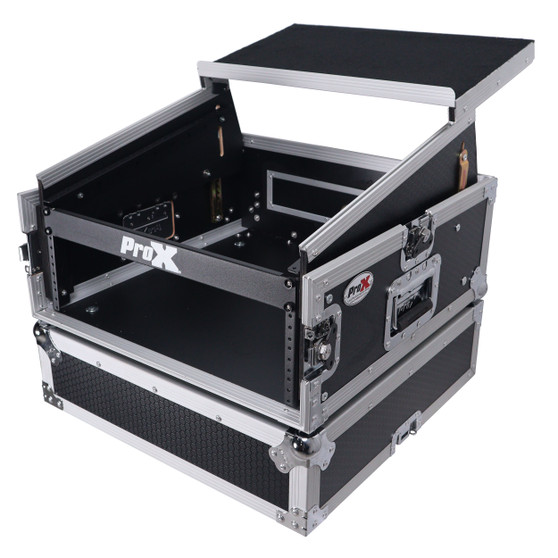 ProX T-4MRLT 4U vertical rack mount flight case with 10U mixer compartment and sliding laptop shelf.