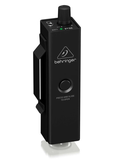 Behringer Powerplay P2 Ultra-Compact Personal In-Ear Monitor Amplifier — rugged metal housing, smooth rotary volume control, 3.5mm output for in-ear monitors or headphones, locking XLR/TRS combo input, belt clip included.