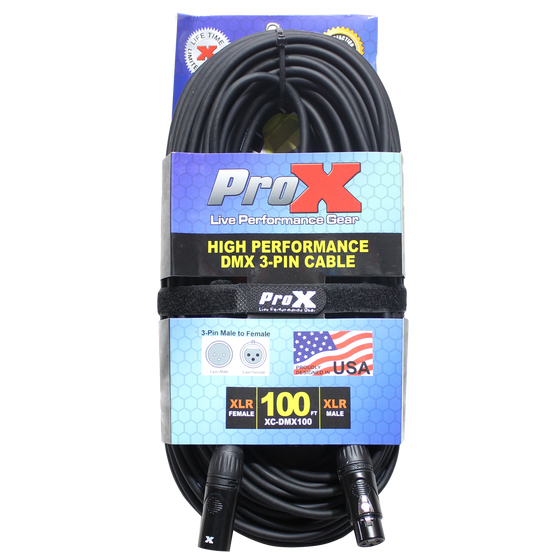 ProX XC-DMX100 DMX cable — 100 ft 3-pin DMX male to female high-performance lighting control cable