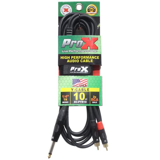 ProX XC-PYR10 10 ft. unbalanced 1/4" TS to dual RCA high-performance audio Y cable with OFC conductors and pro-grade connectors.