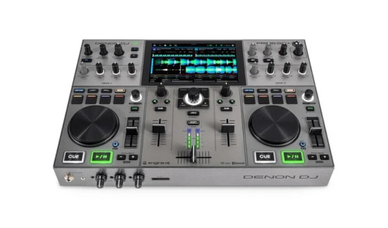 Denon DJ PRIME GO+ Portable DJ Console — battery-powered standalone DJ controller with Wi-Fi music streaming, Bluetooth connectivity, and professional XLR outputs.