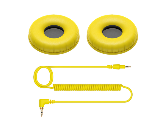 Pioneer DJ HC-CP08-Y yellow ear pads and coiled cable — replacement accessory kit for HDJ-CUE1 DJ headphones.
