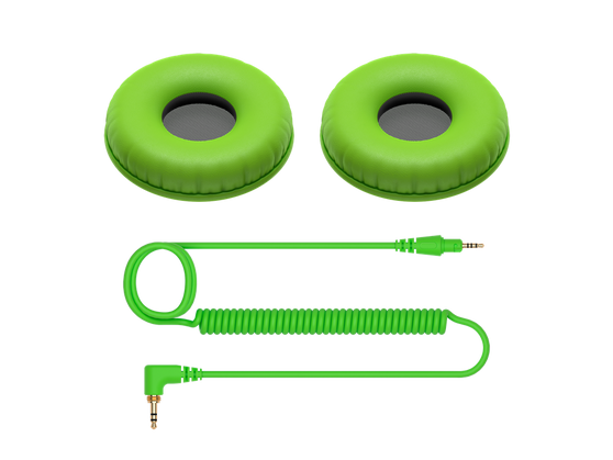 Pioneer DJ HC-CP08-G green ear pads and coiled cable — replacement accessory pack for HDJ-CUE1 headphones with polyurethane leather cushions.