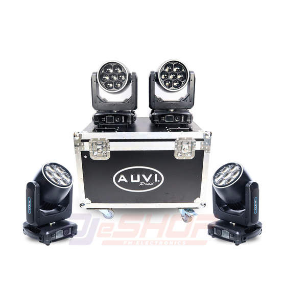 AUVI BEE EYE Moving Head Lights — set of 4 RGBW LED fixtures with road case