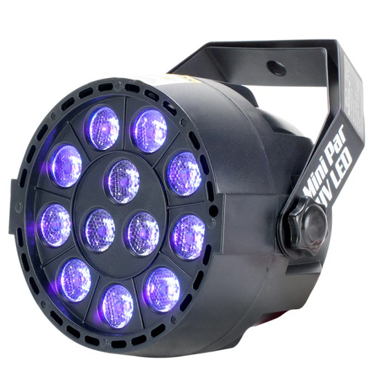 Eliminator Mini Par UV LED — compact blacklight fixture with 12x1W LEDs, DMX control, portable UV stage lighting