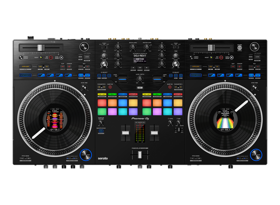 Contrasting matte and hairline finishing in different sections of the aluminum top plate create distinction between the deck and mixer sections, so the layout looks like a traditional 2 x turntable + mixer setup