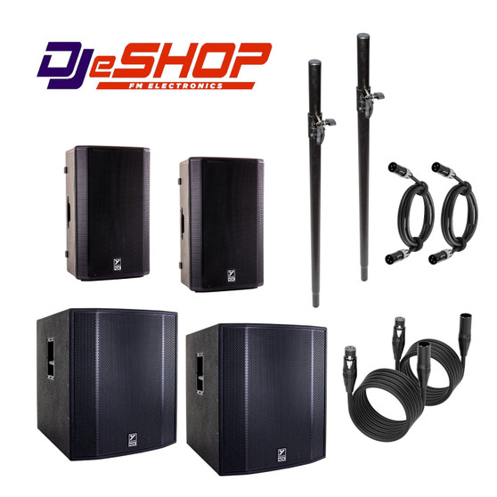 Yorkville NX Series PA Bundle, featuring dual tops, dual subs, mounting poles, and XLR cables
