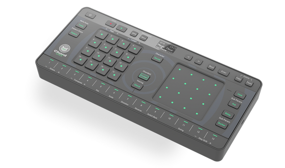 Chordcat Groovebox Front View — compact, portable music production groovebox with flat design, XY pad, 8-track workspace, and 16-step sequencing for chords, patterns, and melodies.