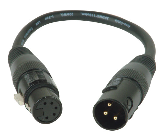 American DJ AC3PM5PFM Accu-Cable 3-pin male to 5-pin female XLR DMX turnaround cable. 11-inch adapter for connecting 3-pin and 5-pin DMX lighting and effects equipment.