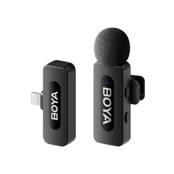 BOYA BY-V1 wireless microphone system with USB-C receiver and compact clip-on transmitter for smartphones