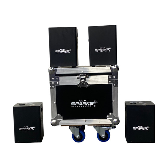 AUVI Wireless Cold Spark Machine Set of 4 with flight case, rechargeable battery-powered indoor spark effect machines for weddings, DJs, concerts, and stage productions.