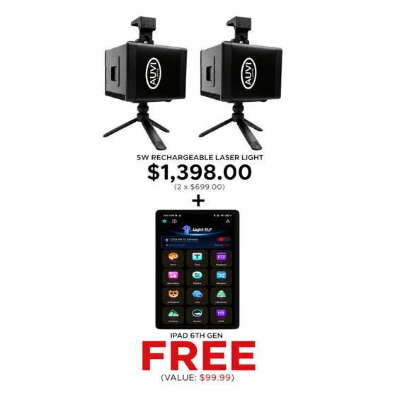 Set of 2 AUVI – 5W Rechargeable Laser Lights with DMX, ILDA & App Control and FREE 6th Gen iPad