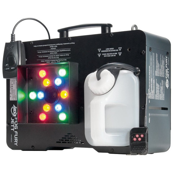 ADJ Fog Fury Jett — 700W vertical/horizontal LED fog machine with RGBA lighting, shoots colorful fog bursts up to 25 feet, includes wireless remote, professional stage and DJ fog effect.