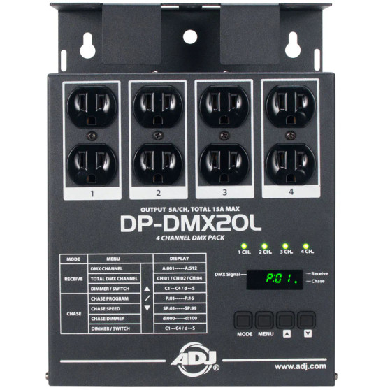 ADJ DP-DMX20L 4-Channel DMX Dimmer/Switch Pack — versatile lighting controller with 16 onboard chases, zero-crossing protection, and flexible mounting options.