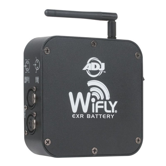 ADJ WiFLY EXR Battery Wireless DMX Transmitter Receiver — battery-powered wireless DMX transceiver with 2,500 ft range, 3-pin and 5-pin DMX I/O, and rechargeable battery for cable-free lighting control.