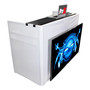 ProX XF-MESAMEDIA MK2 DJ facade workstation with integrated TV mount, adjustable tabletop, black scrims, and folding aluminum frame