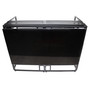 ProX XF-MESAMEDIA MK2 DJ facade workstation with integrated TV mount, adjustable tabletop, black scrims, and folding aluminum frame