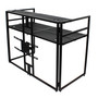 ProX XF-MESAMEDIA MK2 DJ facade workstation with integrated TV mount, adjustable tabletop, black scrims, and folding aluminum frame