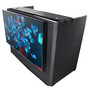 ProX XF-MESAMEDIA MK2 portable DJ booth with monitor mount, white scrims, upper shelf, and carry bag
