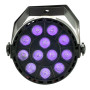 Mini Par UV LED Fixture — lightweight blacklight with DMX in/out, digital display, and mounting bracket