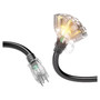Black outdoor extension cord splitter with three grounded outlets and NEMA 5-15P plug.