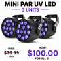 Set of 3 Mini PAR UV LED Black Light Black - compact blacklight fixture with 12x1W LEDs, DMX control, portable UV stage lighting