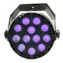 Mini Par UV LED Fixture — lightweight blacklight with DMX in/out, digital display, and mounting bracket