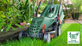 Bosch AdvancedRotak 44-750 professional electric mower with 50L fabric grass bag and adjustable ErgoSlide handles.