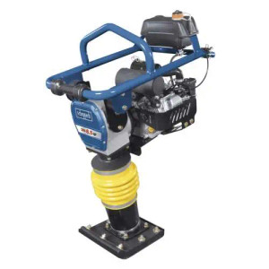 Scheppach VS 1000 vibratory rammer tamper with steel protective frame and 6.5 HP engine for soil compaction.