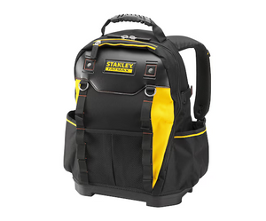 STANLEY FATMAX Heavy-Duty Tool Bag Backpack showing rigid waterproof base and front zip pocket