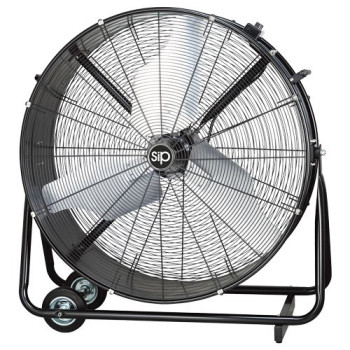 SIP 36 inch Industrial Drum Fan model 05638 on a wheeled steel frame, showcasing high-velocity airflow features for workshop and commercial cooling.