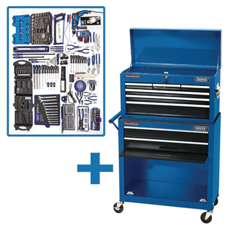 Draper mobile roller cabinet and tool chest with hammer drill, engineers files, and automotive diagnostic gauges.