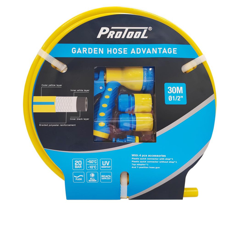 Protool Garden Hose Advantage 30-meter roll package in yellow, featuring a 1/2-inch diameter, 20 BAR pressure rating, UV resistance, and an included 4-piece plastic accessory set with a blue and yellow 7-position spray gun and plastic quick connectors.