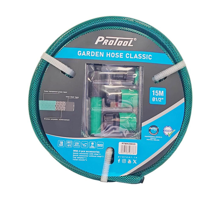 Protool Garden Hose Classic 15-meter roll package with a 1/2-inch diameter, showing technical details like 18 BAR pressure, UV resistance, and an included 4-piece accessory kit featuring a green adjustable twist nozzle and quick-connect hose fittings.