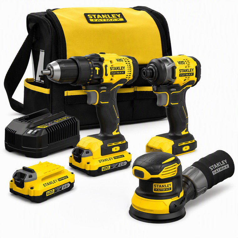 Power through any job with the STANLEY® FATMAX® V20 18V Combo Kit and Random Orbit Sander. Includes a 50Nm hammer drill, 165Nm impact driver, and 12,000 OPM orbital sander with upgraded V20 battery tech.
