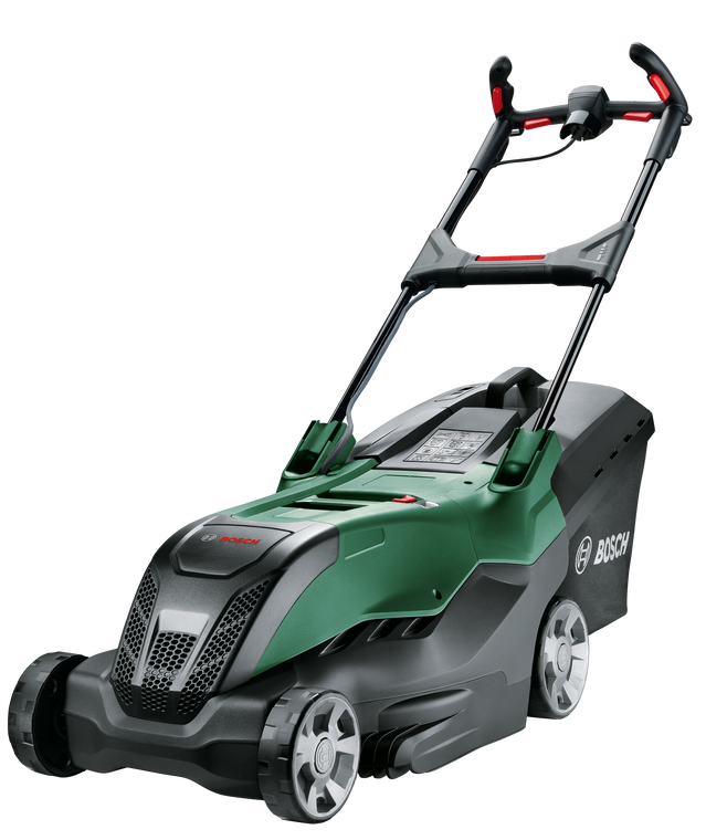Bosch AdvancedRotak 44-750 professional electric mower with 50L fabric grass bag and adjustable ErgoSlide handles.