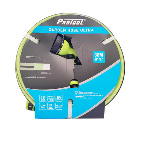 Protool Garden Hose Ultra 30M (1/2") - 4-Piece Spray Gun & Connector Set