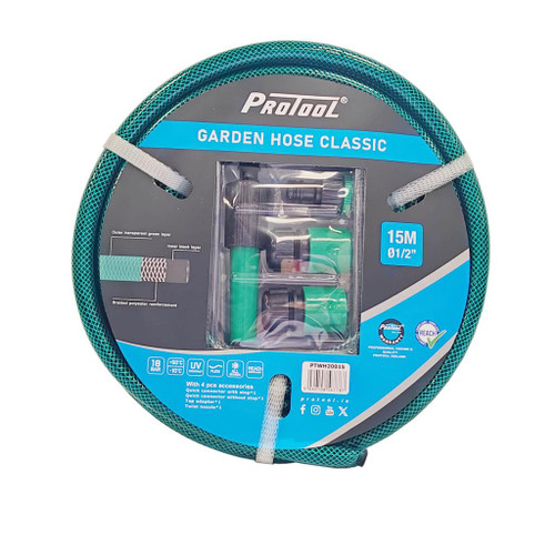 Protool Garden Hose Classic 15M (1/2") – 4-Piece Twist Nozzle & Connector Kit
