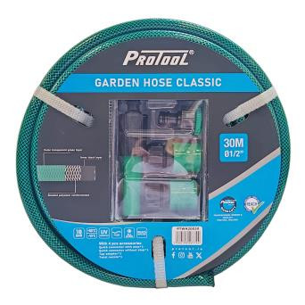 Protool Garden Hose Classic 15M (1/2") – 4-Piece Twist Nozzle & Connector Kit