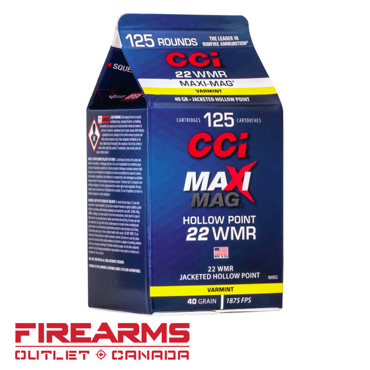 CCI Maxi-Mag - .22WMR HP+V, 40gr, JHP, Pack of 125 [920CC]