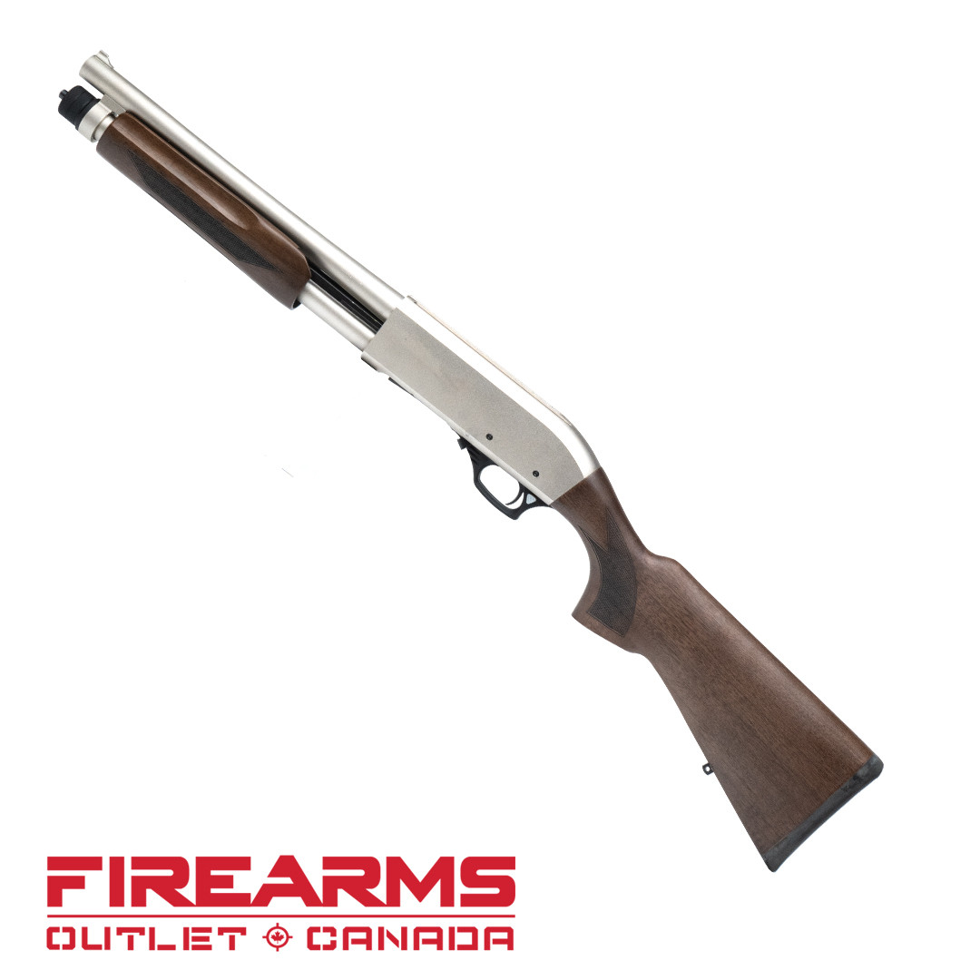 Canuck Defender Marine Pump Shotgun, Nickel/Walnut- 12GA, 2-3/4" or 3", 14" Barrel [CDEFMW1214]