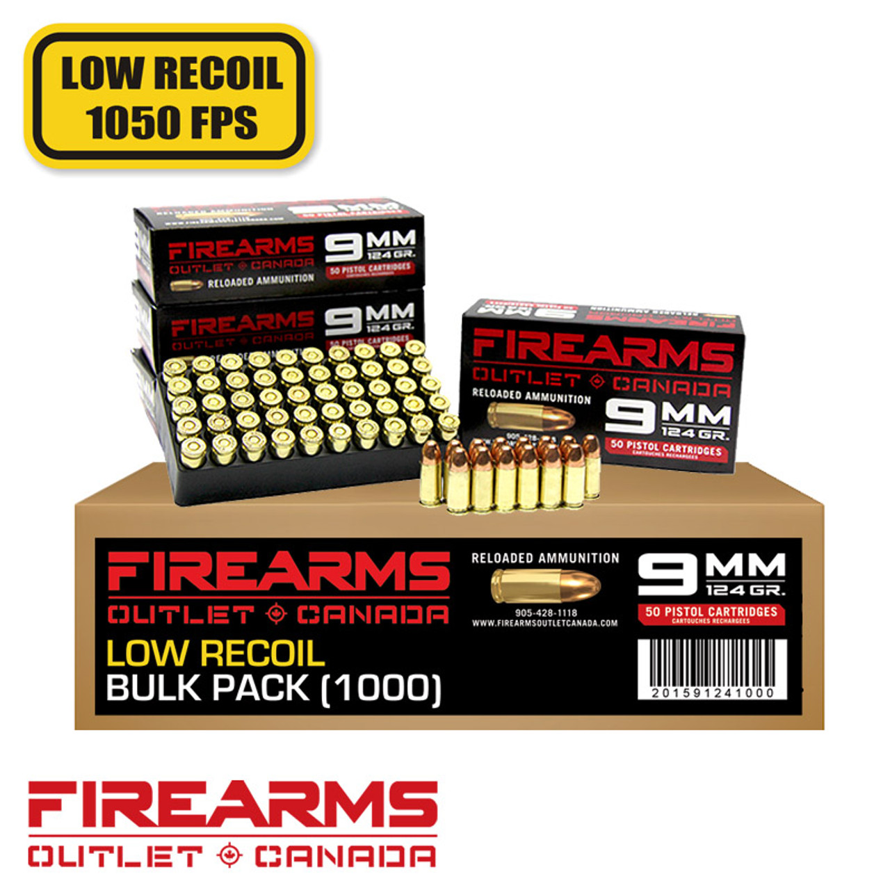 Low Recoil Ammo - 9mm, 124gr., FMJ, Case of 1,000