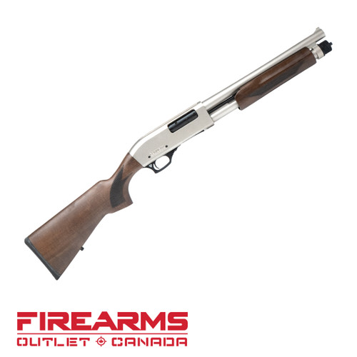 Canuck Defender Marine Pump Shotgun, Nickel/Walnut- 12GA, 2-3/4" or 3", 14" Barrel [CDEFMW1214]