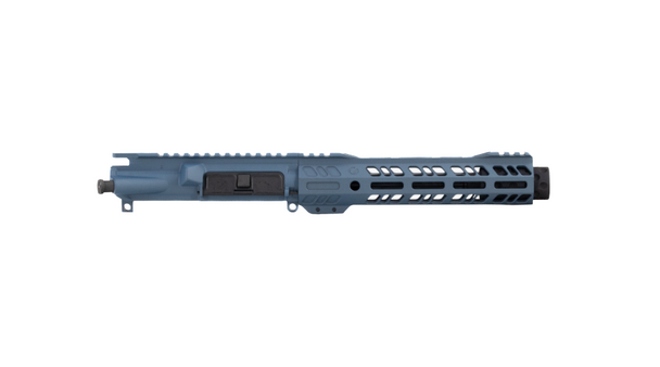 Grid Defense Blue Titanium 7.5" 9mm Upper Receiver with 9" Octagon M-Lok Rail and Dimpled Flash Can