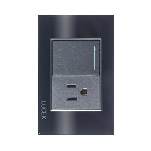 Placa con 1 Interruptor de Escalera y 1 Contacto de 1.5 Módulos Cristal Negro. Color Tecla:Acero Inoxidable |& BP07/3-CNN