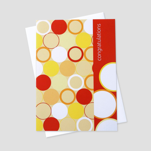 Company Congratulations greeting card featuring a congratulations message on a portrait landscape with orange, yellow, cream, and white graphic circles