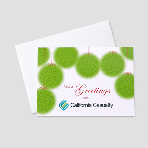 Business Holiday greeting card with fun hanging ornaments and a christmas message that has room for company personalization on the front cover