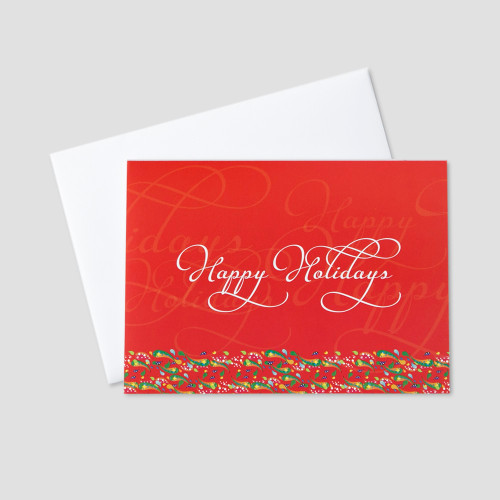 Holiday greeting card with a red background and overlapping happy holidays message bordered by colorful confetti